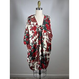 Vintage Red Green Floral Lingerie Slip Dress and Robe‎ Sleep Set Medium 80s 90s